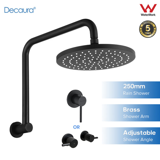 Decaura Black 9" Rain Shower Head Set Gooseneck Arm Round Shower Taps Wall Mount
