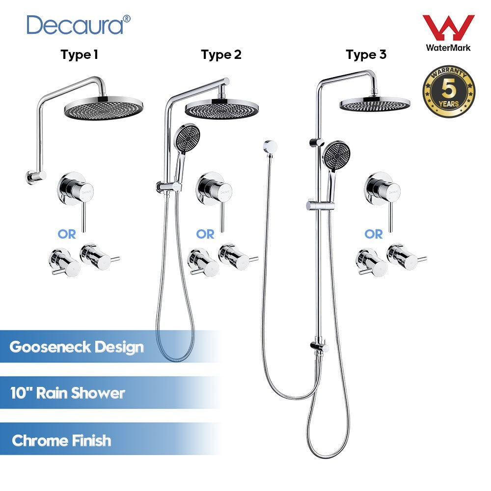 Decaura 10" Rain Shower Head Set Chrome Round Gooseneck Shower Arm Wall Tapware