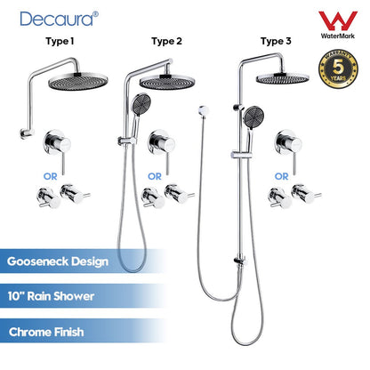 Decaura 10" Rain Shower Head Set Chrome Round Gooseneck Shower Arm Wall Tapware