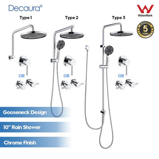 Decaura 10" Rain Shower Head Set Chrome Round Gooseneck Shower Arm Wall Tapware