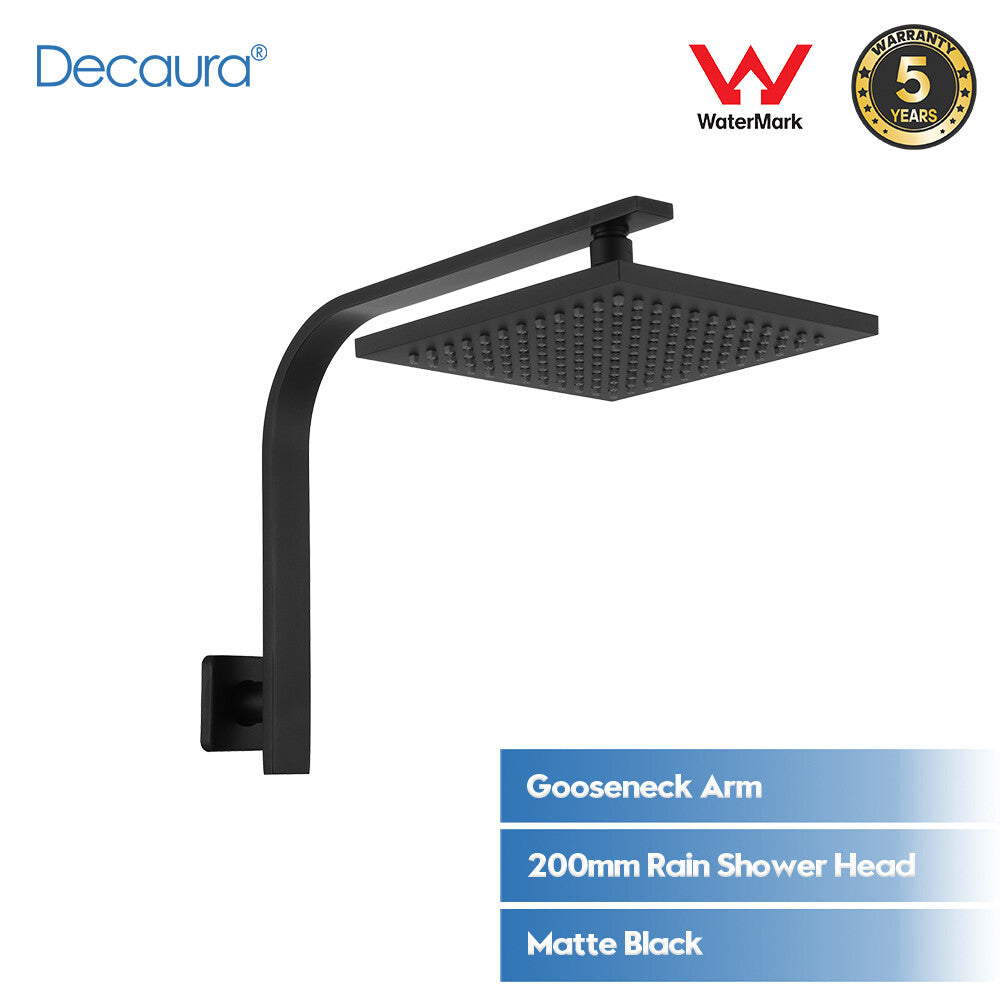 Decaura 8" Rain Shower Head Set Black Brass Gooseneck Shower Arm Square Bathroom