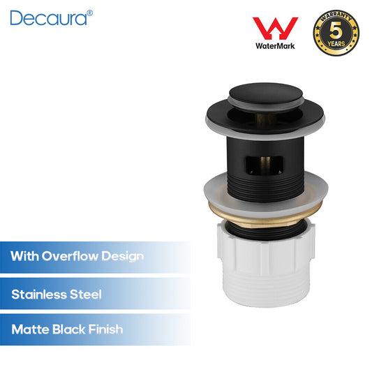 Basin Pop Up Waste Plug With Overflow 32/40mm Black Bathroom Vanity Stainless