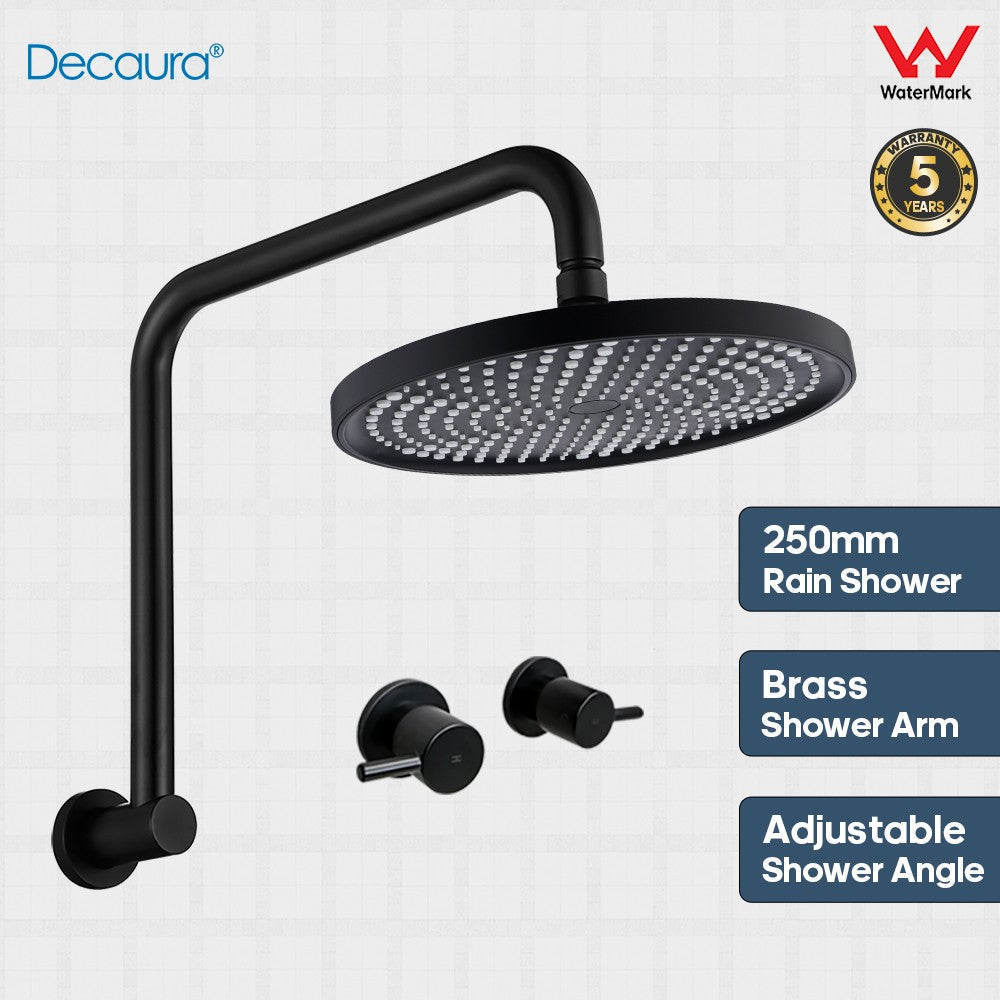 Decaura 10" Rain Shower Head Set Black Round Gooseneck Shower Arm Wall Tapware