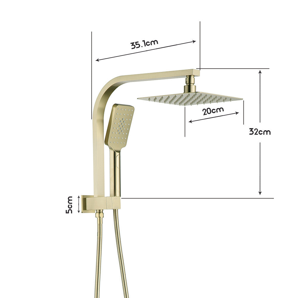 Decaura 8" Rain Shower Head Set Brushed Gold Square Gooseneck Arm Shower Taps