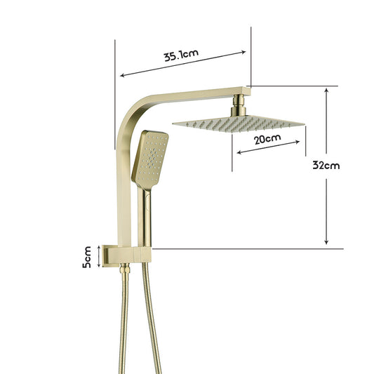 Decaura 8" Rain Shower Head Set Brushed Gold Square Gooseneck Arm Shower Taps