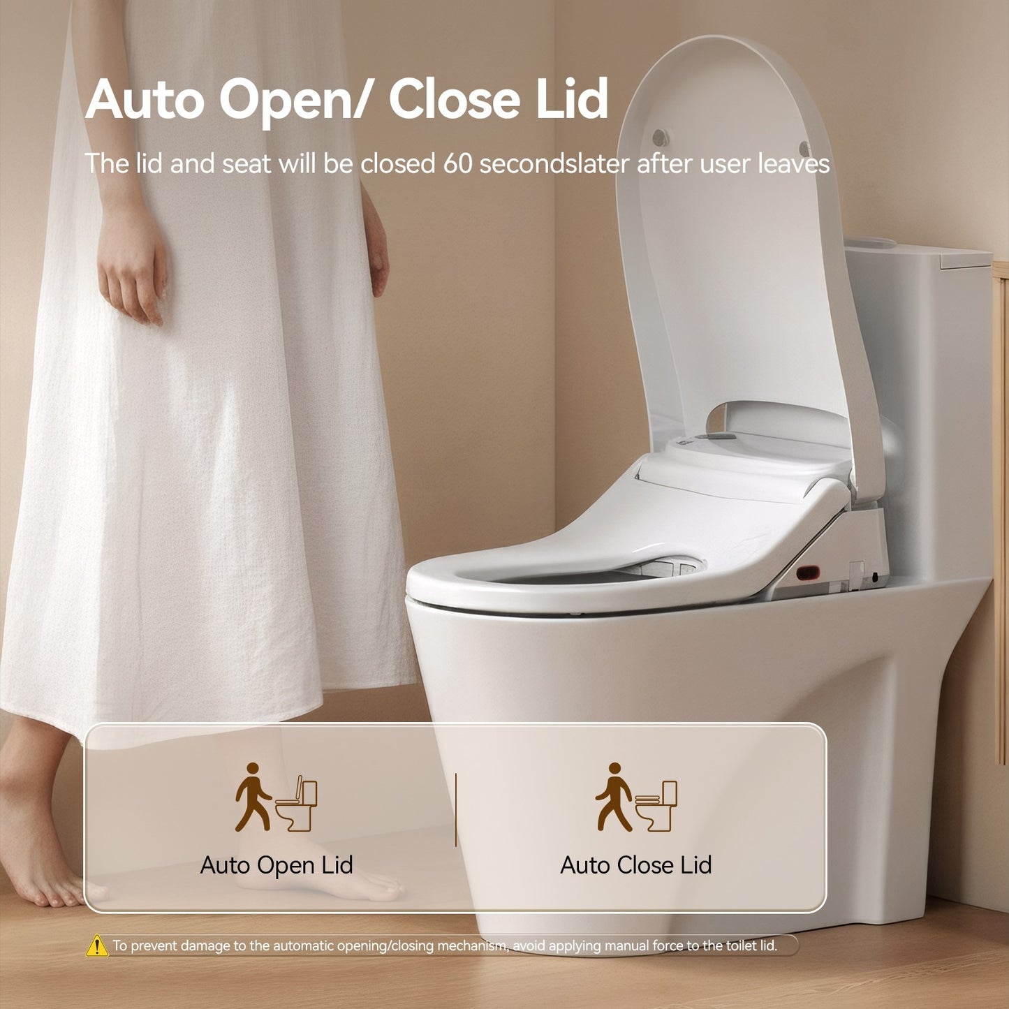 AQUATIZ D-Shaped Smart Bidet Seat, Auto Open/Close Lid, Oscillating Wash