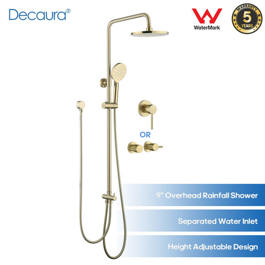WELS 9" Rain Shower Head Set Brushed Gold Separate Water Inlet Shower Mixer Taps
