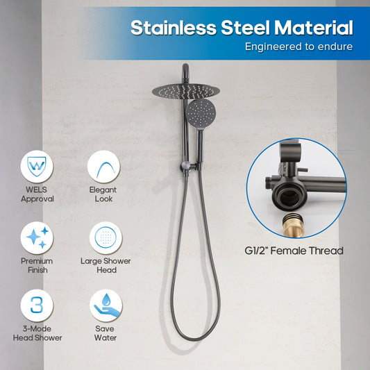 Decaura 10'' Shower Head Set Handheld 3-Mode Rain Shower Brushed Gunmetal WELS